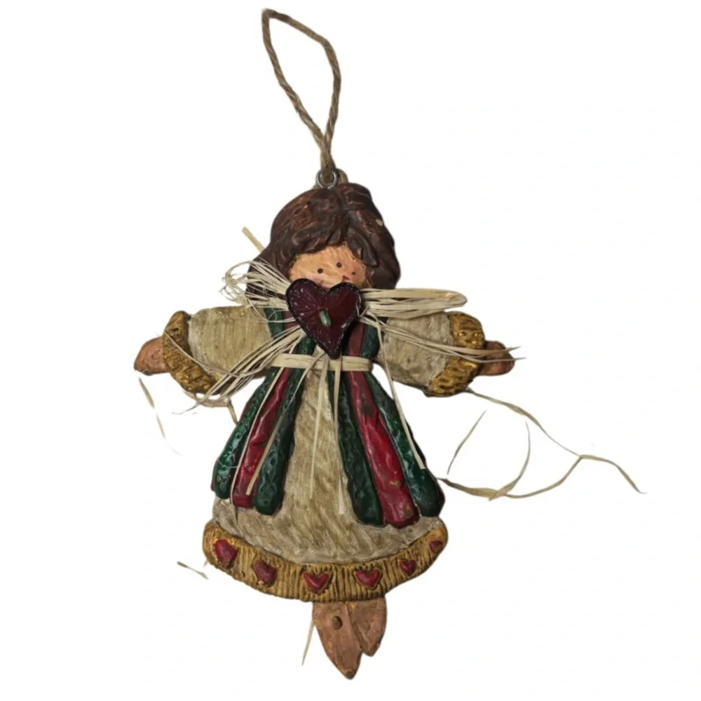 Whimsical Christmas Ornaments Hand Crafted Vintage Snowman Angel 2 Pc Set Red